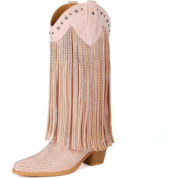 Pink Rhinestone Fringe Cowgirl Boots Women Pointed Toe Western Mid Calf Shoes - Picture 2 of 6